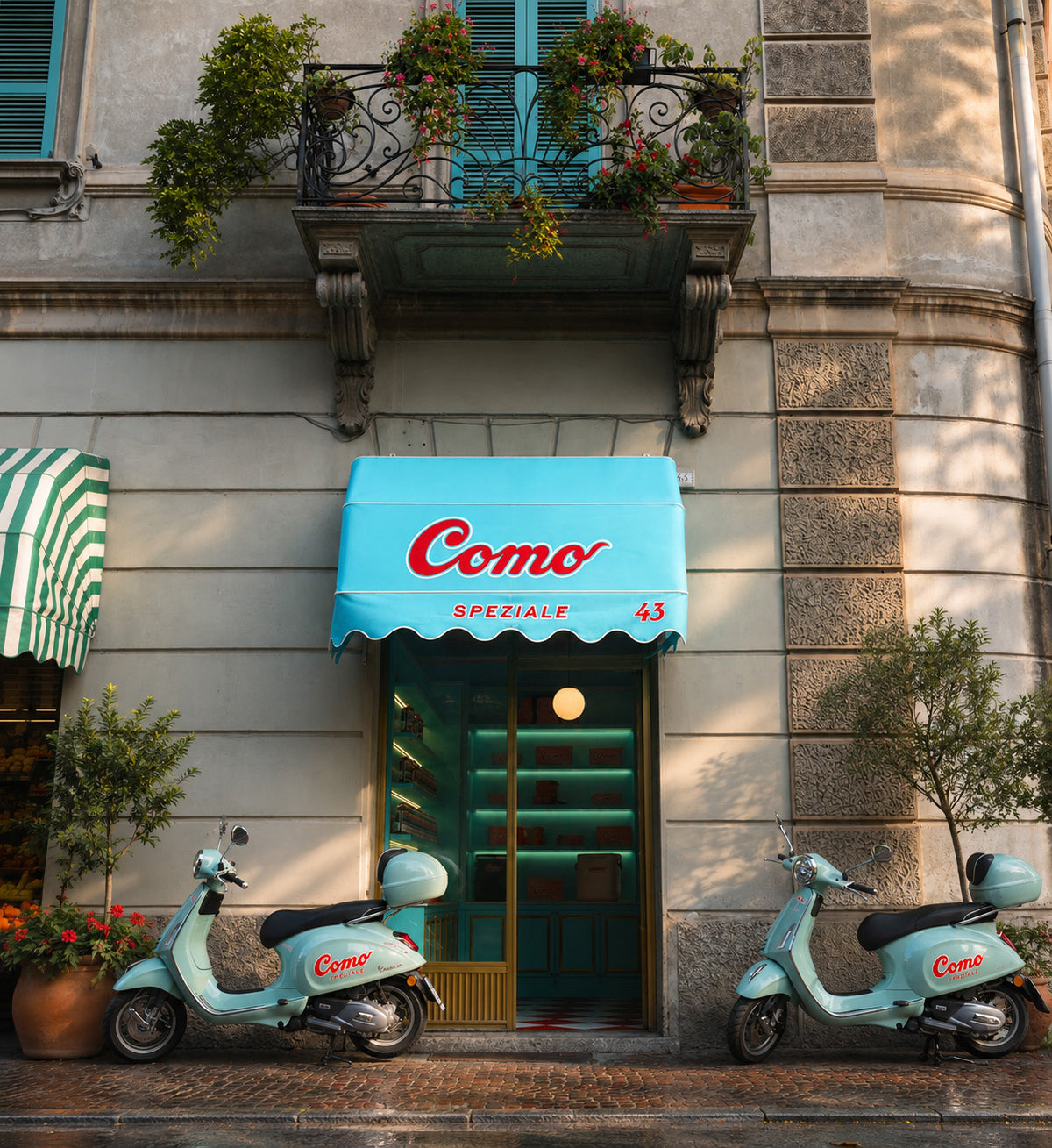 A storefront facade with a turquoise awning reading 'Como Speciale 43,' two matching turquoise scooters parked on the sidewalk, and a building exterior with stone texture and potted plants.