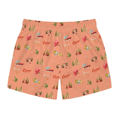 Peach-colored shorts with vintage-style graphics and 'Como' text on a white background