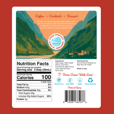 The back of a coffee cocktail dessert syrup bottle label by Como Premium Brands, featuring a scenic Italian landscape illustration, nutrition facts, ingredients, and a barcode on a red background. Nutrition Facts of the Como Speziale Vanilla Syrup. 100calories per 2 tablespoons. 