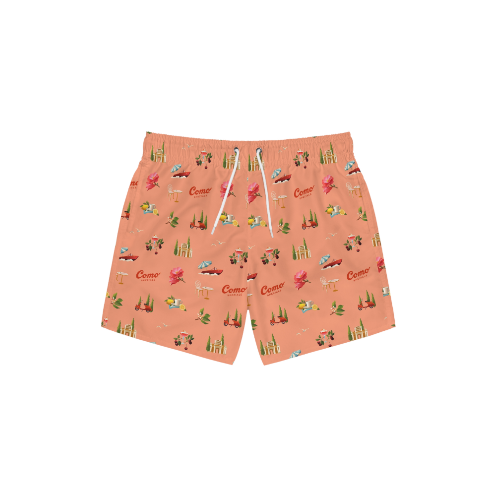 Como swim shorts with a pattern on a white background