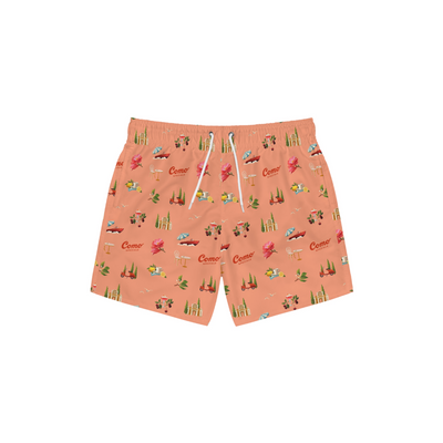 Como swim shorts with a pattern on a white background