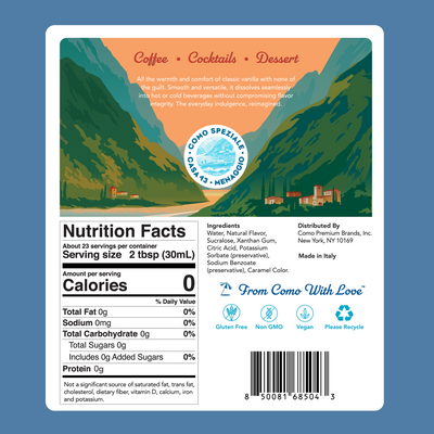 The back label, showing nutrition facts, ingredients, and environmental icons on a blue background. Nutrition Facts of the Como Speziale Sugar Free Vanilla Syrup. 0calories per 2 tablespoons. 