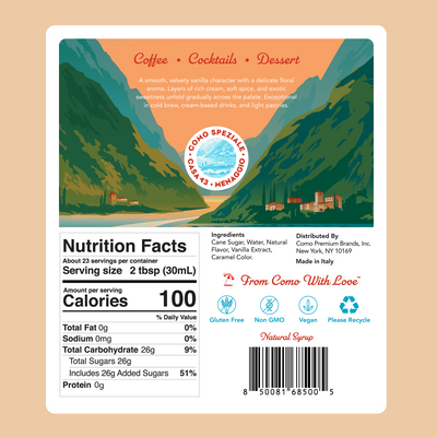 Nutrition Facts of the Como Speziale Vanilla Syrup. 100calories per 2 tablespoons. 