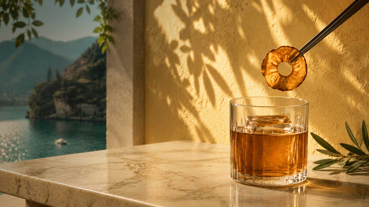 A clear rocks glass filled with amber-brown liquor sits on a marble counter, with a dark chopstick holding a dried orange slice above the glass. A warm yellow wall with leaf shadows and a scenic lake-and-mountains view are in the background.