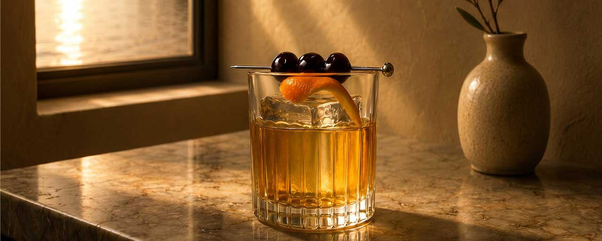 A clear rocks glass filled with amber liquid, garnished with three dark olives on a metal skewer and a curled orange peel, set on a stone countertop in warm sunlight.