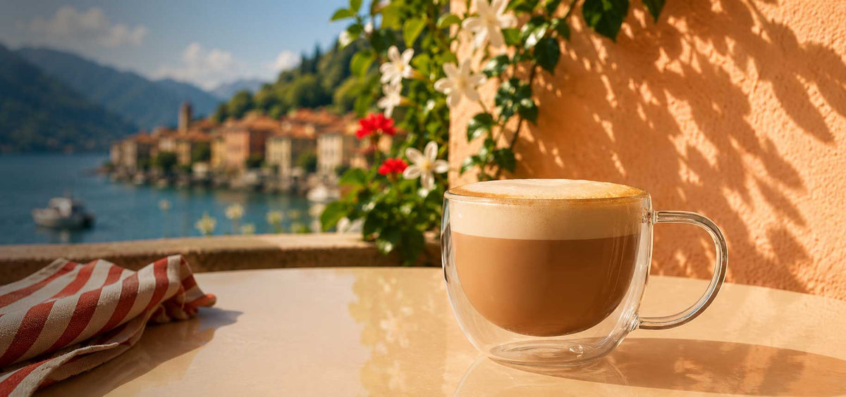 A double-walled clear glass mug filled with a layered coffee drink sits on a table outdoors, with a scenic lake and mountains blurred in the background and warm sunlight casting shadows on a terracotta wall.